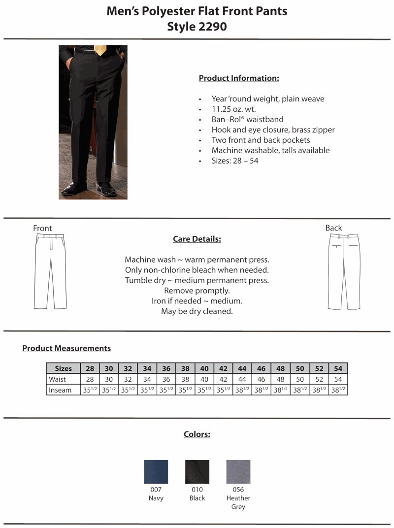 Edwards Mens Flat Front Polyester Uniform Pants - 2290