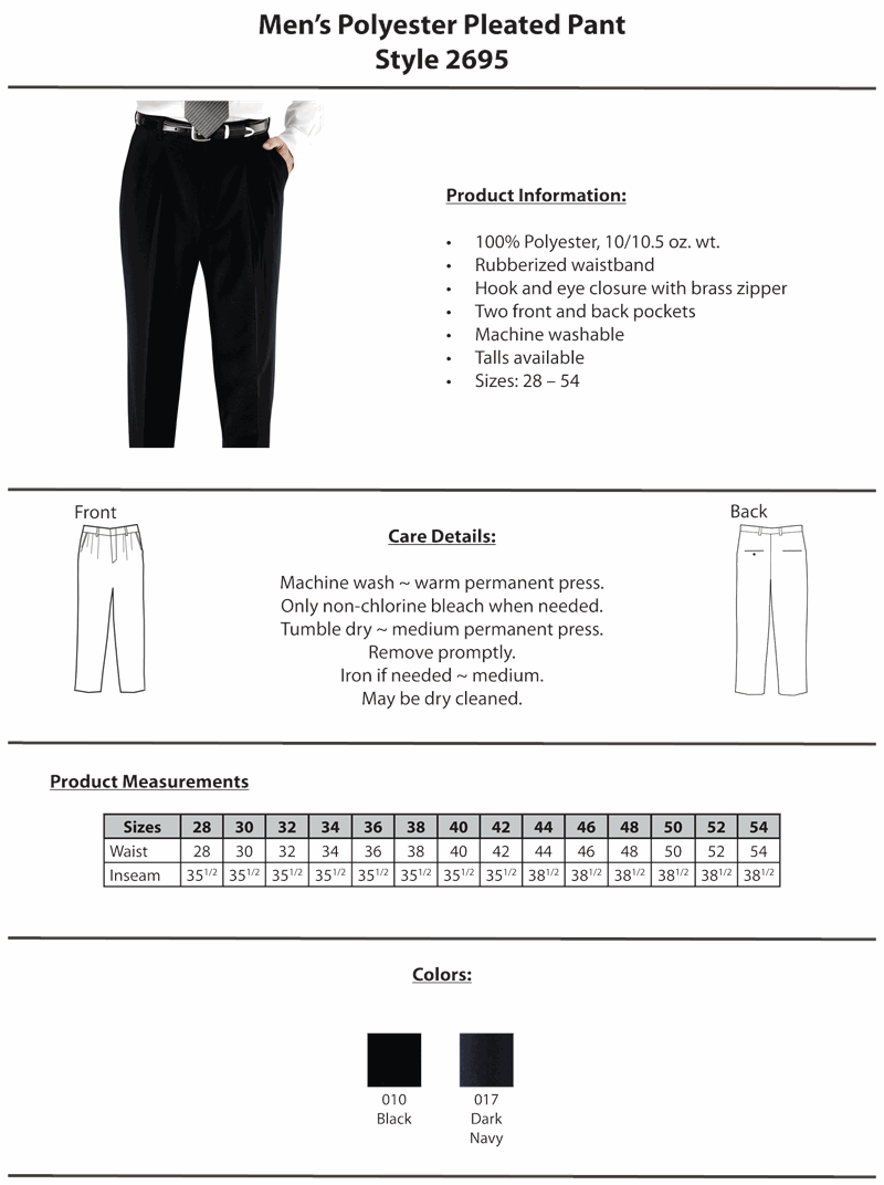 Edwards Mens Pleated Polyester Uniform Pants - 2695