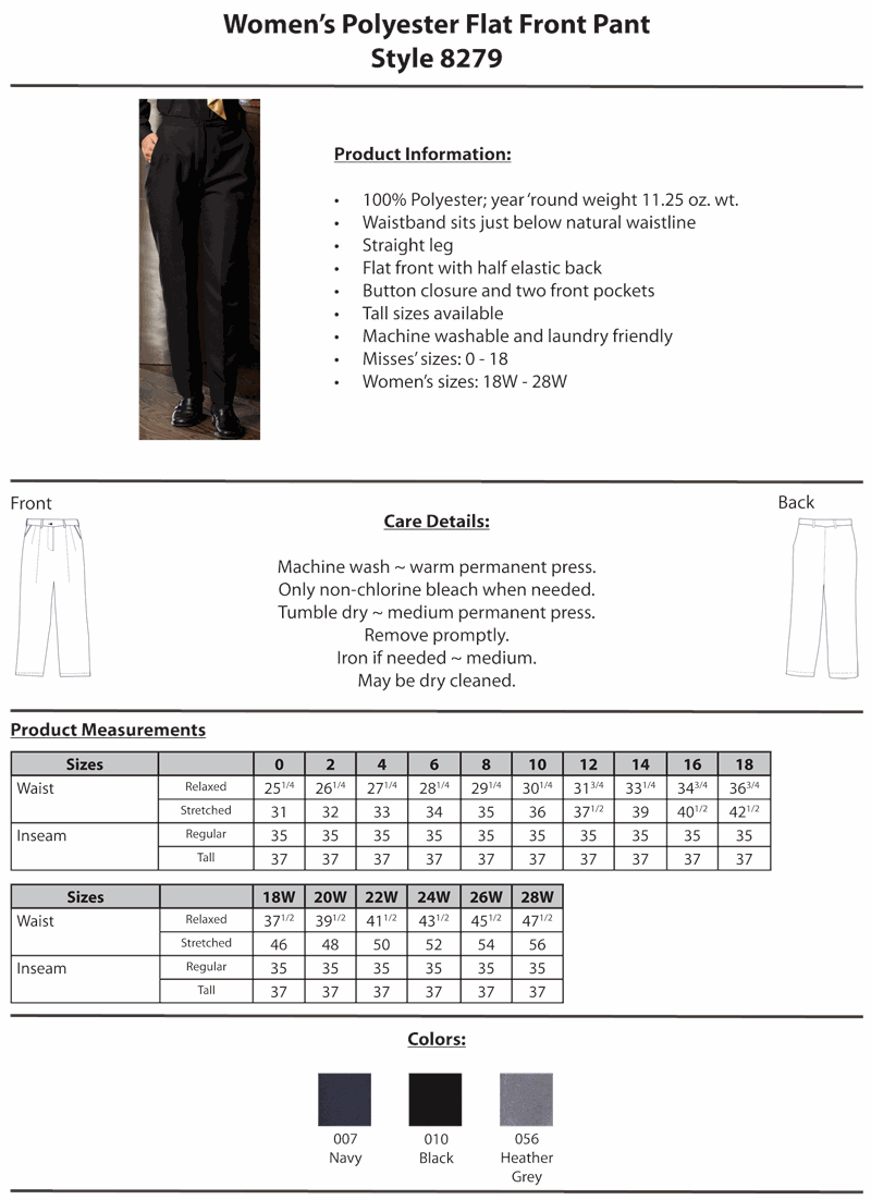Edwards Womens Flat Front Polyester Uniform Pants - 8279